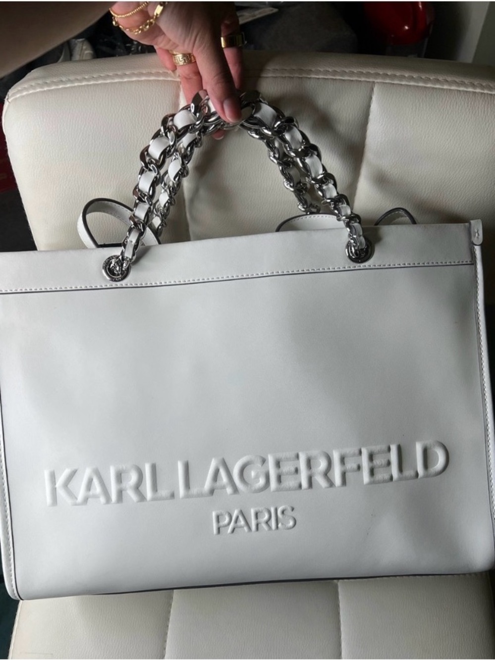 Karl Lagerfeld White Leather Tote with Silver Chain Handles